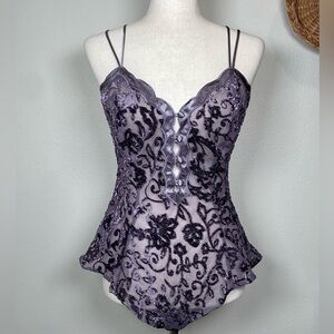 Vtg 90’s Victoria's Secret Gold Label Purple Satin Velvet Burnout Teddy Bodysuit
